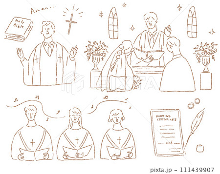 牧師と聖歌隊、新郎新婦、結婚証明書、結婚指輪、線画 111439907