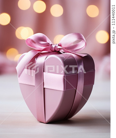 Heart-shaped pink smooth plastic gift box with ribbon on festive background with bokeh, packaging for gift for wedding, Valentine's day or birthday Heart-shaped pink smooth plastic gift box with ribbon on festive background with bokeh, packaging for gift for wedding, Valentine's day or birthday 111440011