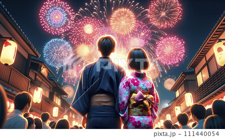 花火を見上げる浴衣姿のカップルの後ろ姿。日本の夏イメージ。AI画像。 111440054