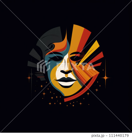 Theatrical logo, colorful mask with human face surrounded by small stars isolated on black background. Illustration symbol of theatre art 111440179