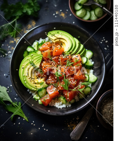Hawaiian dish ahi tuna poke bowl with cubes pieces of tuna, slices avocado, cucumber and rice on table top view on black background 111440180