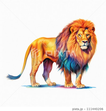 Abstract watercolor illustration of majestic adult multi colored full body lion with huge fluffy mane isolated on pure white background 111440206