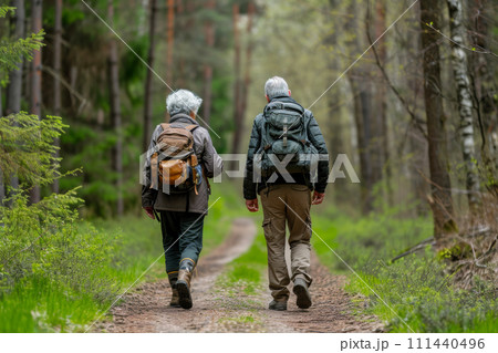 An elderly couple walks with backpacks along a forest path An elderly couple walks with backpacks along a forest path 111440496