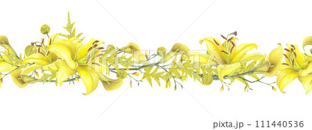Lilies Yellow flower, calla lilies, craspedia seamless border isolated on white background. Watercolor hand drawn botanic illustration. Art design wedding invitation, greeting card, decoration graphic 111440536