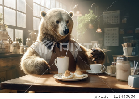 Charming large brown bear barista, donning an apron, skillfully brews coffee with smile and serves delectable cakes in cozy coffee shop 111440604
