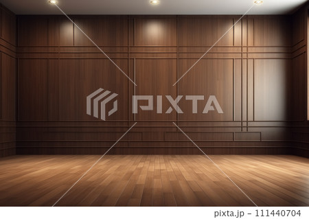 Empty room interior with wooden lacquered brown panels on the walls, laminate flooring in classic style, business cabinet at home 111440704