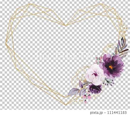 Golden heart Frame with Watercolor Purple and golden peonies flowers bouquet, isolated illustration 111441183