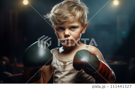 Boy in boxing gloves in the ring or gym. Boxer training, Sport, and Healthy lifestyle Concept. Generative Ai. 111441327