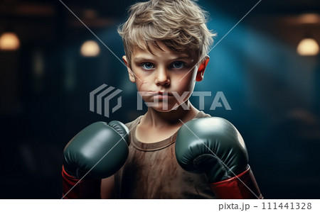 Boy in boxing gloves in the ring or gym. Boxer training, Sport, and Healthy lifestyle Concept. Generative Ai. 111441328