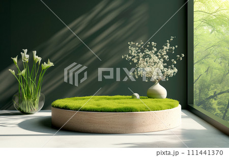Cylinder podium for product demonstration on green background with nature elements like leaves, plants and flowers Cylinder podium for product demonstration on green background with nature elements like leaves, plants and flowers 111441370