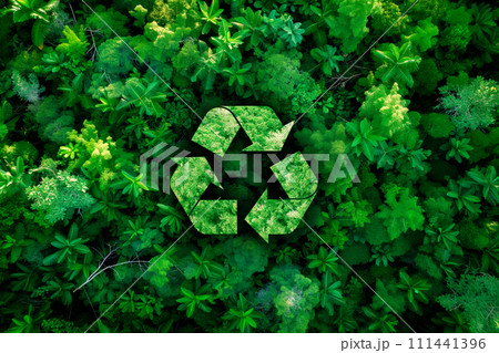 Green recycling symbol overlapping a lush forest canopy to represent environmental sustainability Green recycling symbol overlapping a lush forest canopy to represent environmental sustainability 111441396