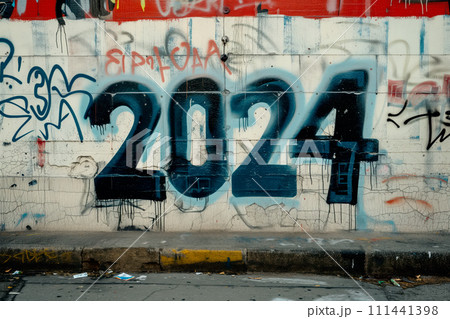 Spray painted graffiti tag of the word 2024 on a brick wall on city street, creating a blurred effect 111441398