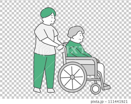 一位輪椅的年長婦女有一位男性照料者的 111441921
