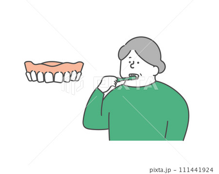 口腔ケアをする高齢女性と入れ歯のイラスト 111441924