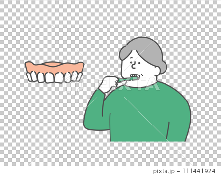 口腔ケアをする高齢女性と入れ歯のイラスト 111441924