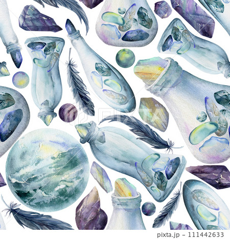 Hand drawn watercolor illustration sea witch altar objects. Glass vial bottle precious stones feathers beads. Seamless pattern isolated on white background. Design print, shop, magic, packaging, paper Hand drawn watercolor illustration sea witch altar objects. Glass vial bottle precious stones feathers beads. Seamless pattern isolated on white background. Design print, shop, magic, packaging, paper 111442633