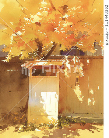 日本の伝統的な家屋とノスタルジックな秋の夕焼けと紅葉　AI画像 111443362
