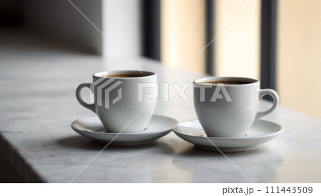 AI-generated content. A hot cup of coffee on a saucer, set against a white background, casting a subtle shadow. 111443509
