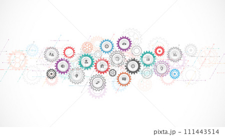 Information technology concept with infographic elements and flat icons. Cogs and gear wheel mechanisms. Hi-tech digital technology and engineering. Abstract technical background. Vector illustration Information technology concept with infographic elements and flat icons. Cogs and gear wheel mechanisms. Hi-tech digital technology and engineering. Abstract technical background. Vector illustration 111443514