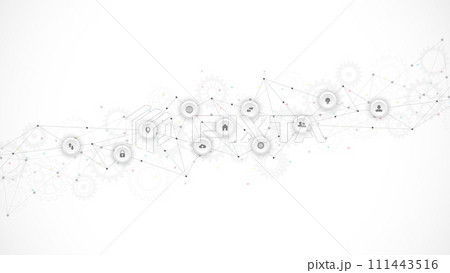 Information technology background with infographic elements and flat icons. Digital technology, network connection and communication concept. Vector illustration. Information technology background with infographic elements and flat icons. Digital technology, network connection and communication concept. Vector illustration. 111443516