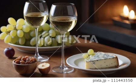 AI-generated content. Cozy wine tasting setting two glasses of white wine, cheese, and grapes. A warm and inviting atmosphere for a relaxed evening or wine tasting. 111443550