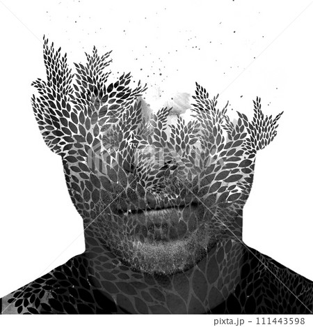 A close-up black and white artistic double exposure male portrait A close-up black and white artistic double exposure male portrait 111443598