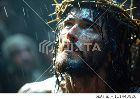 AI-generated content. Man Wearing Crown of Jesus on His Head. Generative AI. 111443926
