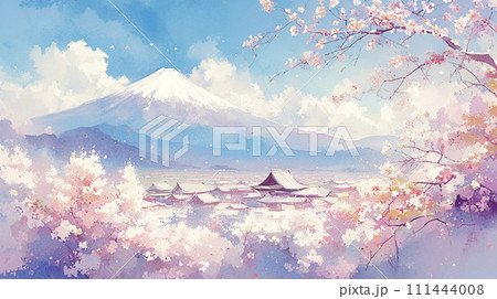 春のサクラと富士山と昔の日本の街並みの風景　AI画像 111444008