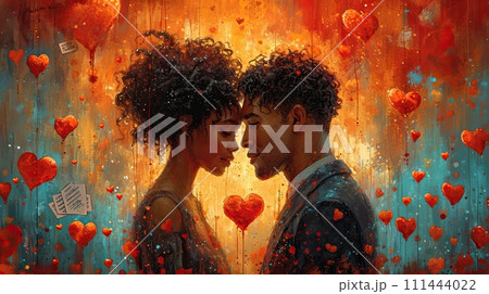 AI-generated content. Painting of African American Couple Gazing at Each Other. Generative AI. 111444022