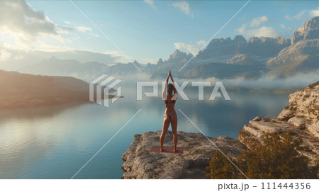 AI-generated content. Woman Standing on Cliff Next to Body of Water. Generative AI. 111444356