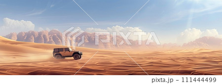AI-generated content. Jeep Driving Through Desert With Mountains in Background. Generative AI. 111444499