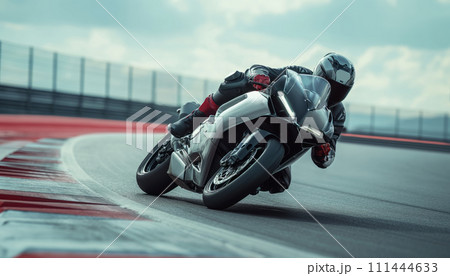Motorbike rider in helmet and gear racing at high speed on race track with motion blur Motorbike rider in helmet and gear racing at high speed on race track with motion blur 111444633