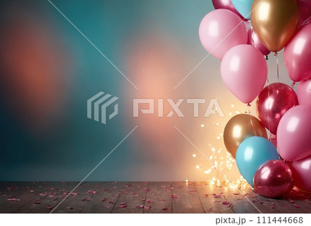 Multicolored shiny balloons flying near blue wall. Copy space. Concept of holiday, party and celebration. Ai generative 111444668