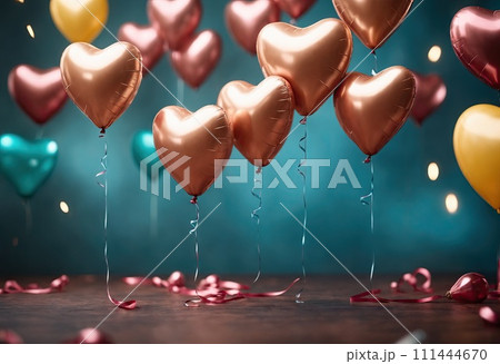 Many pink and golden shiny balloons shapes of heart flying near blue wall. Concept of holiday, party and celebration. Ai generative 111444670
