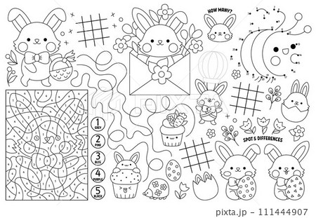 Vector kawaii Easter placemat for kids. Spring holiday printable activity mat with maze, tic tac toe charts, connect the dots, find difference. Black and white play mat, coloring page with bunny 111444907
