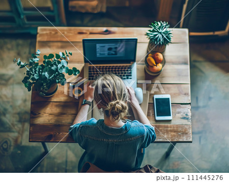 AI-generated content. Freelancer performing remote work from home with laptop connectivity 111445276