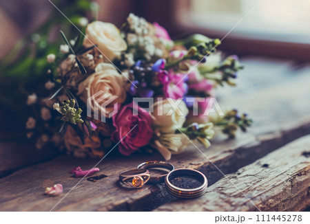 AI-generated content. Diamond wedding rings jewelry and flowers bouquet for the wedding engagement and honeymoon 111445278