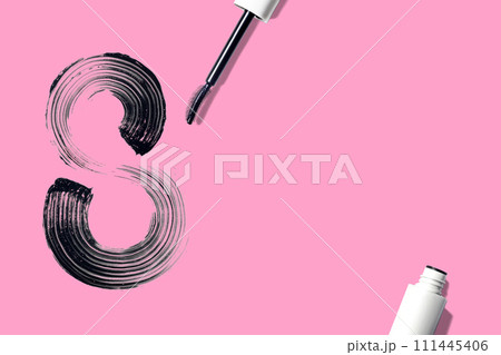 8 march international women's day. Smearing, swatch of mascara in the shape of a figure eight. Creative, minimalism poster pink background flat lay copy space for your text 111445406