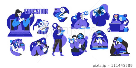 Student icon. People studying. Business training. School education. Online library. Woman reading book. Man in classroom. College teacher. Exam test. Computer webinar technology. Vector concepts set Student icon. People studying. Business training. School education. Online library. Woman reading book. Man in classroom. College teacher. Exam test. Computer webinar technology. Vector concepts set 111445589