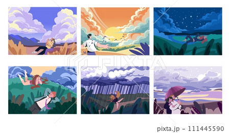 People looking at sky. Nature landscape. Couple admire at summer night stars and clouds. Woman dreaming on meadow. Mental health. Man back view. Scenic sunset or evening rain. Vector illustrations set 111445590