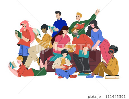Students with books. Clever people. Young men and women read story together. Reader characters portrait. Friends in library. Teacher shares knowledge. Education group. Vector studying persons on sofa 111445591