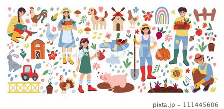 House farm. Cute gardener. Happy agriculture worker. Care of domestic animals. Farmers grow vegetables. Sheep and pig. organic products. Home garden. Village barn and mill. Vector farming elements set 111445606