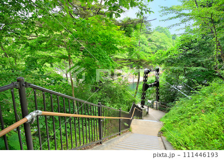 東北・厳美渓・御覧場橋・磐井川の南岸の遊歩道から見下ろす吊り橋の渡り口・岩手県一関市(2) 111446193