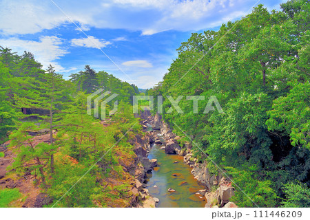 東北・厳美渓・観光のハイライト、天工橋から眺める険しくも美しい渓谷の風景・岩手県一関市(5) 東北・厳美渓・観光のハイライト、天工橋から眺める険しくも美しい渓谷の風景・岩手県一関市(5) 111446209