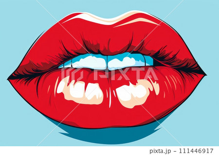 Woman's lips close-up with red lipstick, pop art 60s, illustration 111446917
