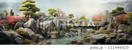 Japanese rock garden, beautiful zen green garden, banner 111446920