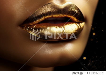 Women's lips close-up with gold lipstick, sexy lips 111446933