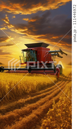 Combine harvester in a soybean field harvesting soybeans at sunset 111446972