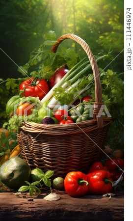 Basket of fresh vegetables on the table, seasonal farm vegetables 111446974