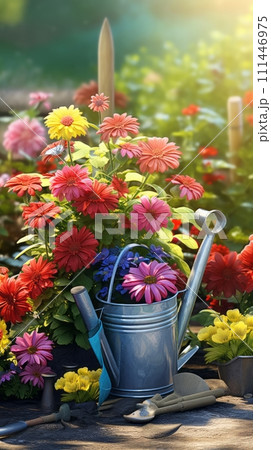 Beautiful colorful variety of spring and summer flowers in pots and a watering can on the patio 111446975